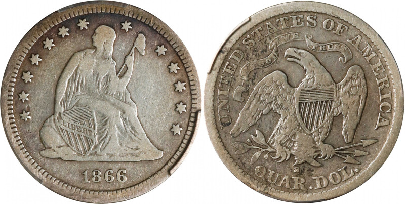 1866-S Liberty Seated Quarter. Briggs 1-A, the only known dies. VF Details--Clea...