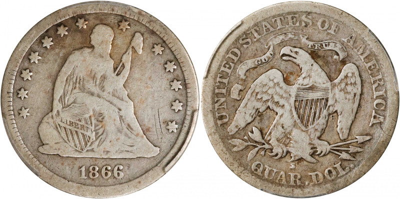 1866-S Liberty Seated Quarter. Briggs 1-A, the only known dies. VG-10 (PCGS).
P...