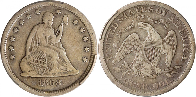 1868-S Liberty Seated Quarter. Briggs 1-A, the only known dies. VF-20 (PCGS).
P...