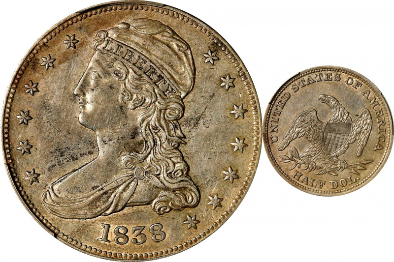 1838 Capped Bust Half Dollar. Reeded Edge. HALF DOL. GR-9. Rarity-3. AU Details-...