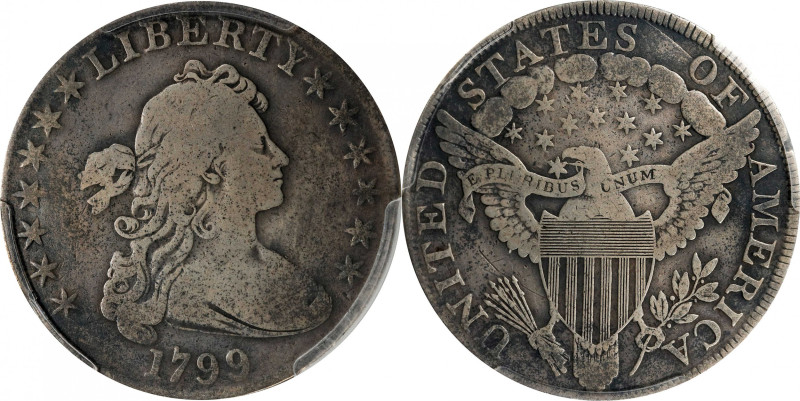 1799 Draped Bust Silver Dollar. BB-163, B-10. Rarity-2. VG Details--Rim Damage (...