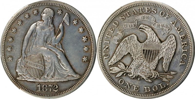 1872-S Liberty Seated Silver Dollar. OC-1, the only known dies. Rarity-3-. EF De...