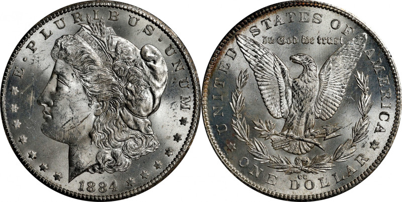 1884-CC GSA Morgan Silver Dollar. Mint State (Uncertified).
The original box an...