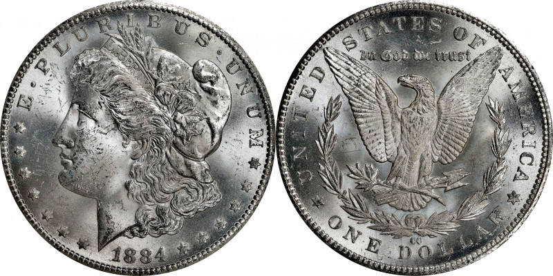 1884-CC GSA Morgan Silver Dollar. Mint State (Uncertified).
The original box an...