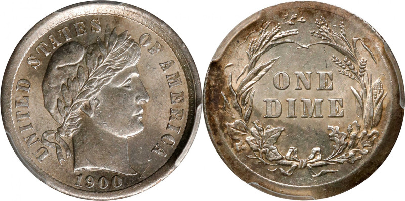 1900 Barber Dime. Broadstruck on a Type I Planchet. AU-58 (PCGS).

Estimate: $...