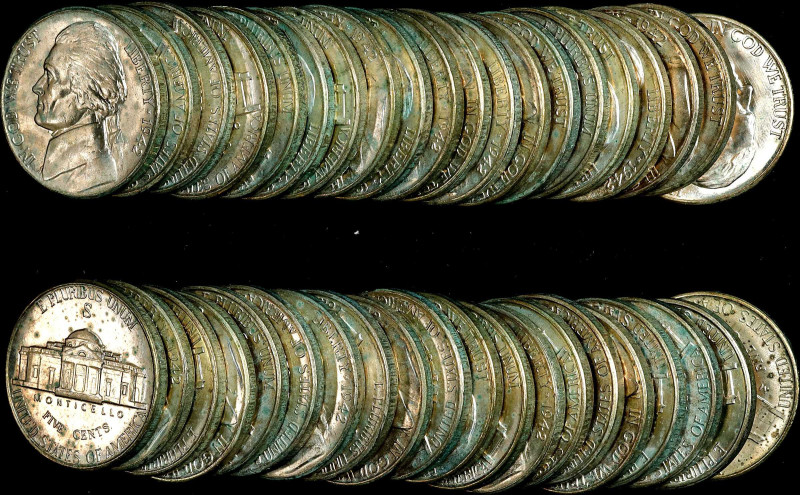 Roll of 1942-S Jefferson Nickels. Mint State, PVC Residue (Uncertified).
A plas...