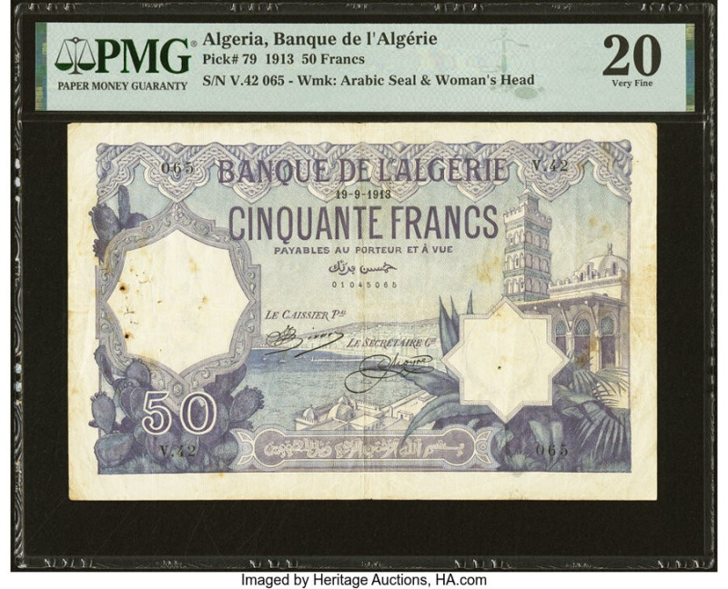 Algeria Banque de l'Algerie 50 Francs 19.9.1913 Pick 79 PMG Very Fine 20. Seen o...