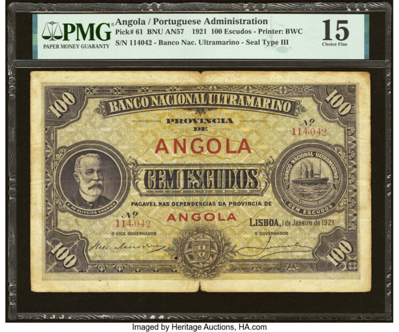 Angola Banco Nacional Ultramarino 100 Escudos 1.1.1921 Pick 61 PMG Choice Fine 1...