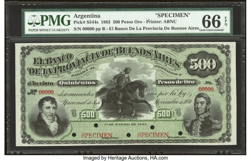 Argentina Provincia de Buenos Ayres 500 Pesos Oro 1.1.1883 Pick S544s Specimen P...