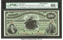 Argentina Provincia de Buenos Ayres 500 Pesos Oro 1.1.1883 Pick S544s Specimen PMG Gem Uncirculated 66 EPQ. An outstanding and intricately designed hi...