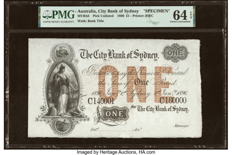 Australia City Bank of Sydney 1 Dollar 1.1.1896 Pick Unlisted MVR2d Specimen PMG...