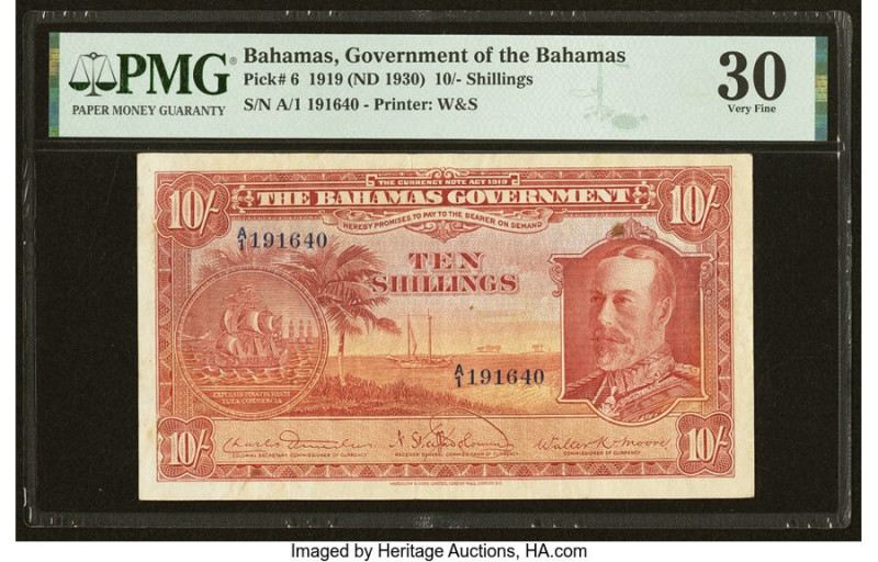 Bahamas Bahamas Government 10 Shillings 1919 (ND 1930) Pick 6 PMG Very Fine 30. ...