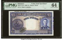 Bahamas Bahamas Government 1 Pound 1936 (ND 1944) Pick 11cts Color Trial Specimen PMG Choice Uncirculated 64. Thomas de la Rue prepared this desirable...