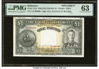 Bahamas Bahamas Government 1 Pound 1936 (ND 1945-46) Pick 11ds Specimen PMG Choice Uncirculated 63. This Specimen represents a rare Bahamas 1 Pound no...