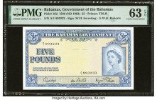 Bahamas Bahamas Government 5 Pounds 1936 (ND 1963) Pick 16d PMG Choice Uncirculated 63 EPQ. The final signature combination is present on this splendi...