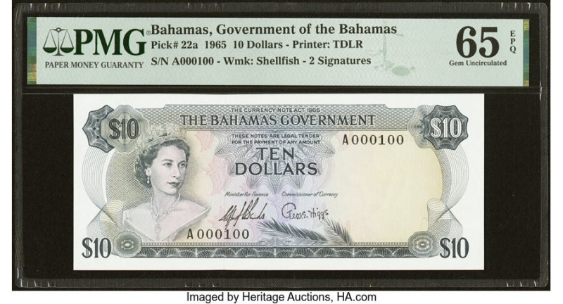 Serial Number 100 Bahamas Bahamas Government 10 Dollars 1965 Pick 22a PMG Gem Un...