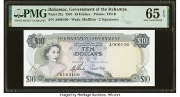 Serial Number 100 Bahamas Bahamas Government 10 Dollars 1965 Pick 22a PMG Gem Uncirculated 65 EPQ. Popping color enhances this middle denomination, wh...