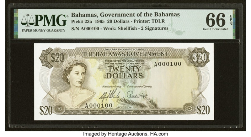 Serial Number 100 Bahamas Bahamas Government 20 Dollars 1965 Pick 23a PMG Gem Un...