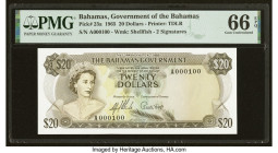Serial Number 100 Bahamas Bahamas Government 20 Dollars 1965 Pick 23a PMG Gem Uncirculated 66 EPQ. A scarce mid-denomination featuring fancy serial nu...