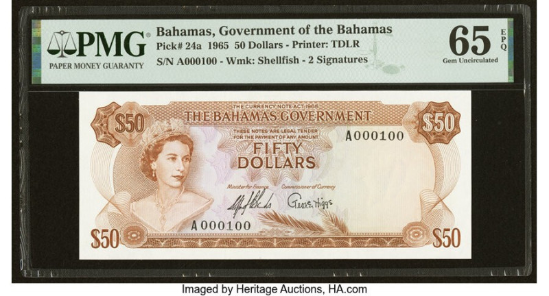 Serial Number 100 Bahamas Bahamas Government 50 Dollars 1965 Pick 24a PMG Gem Un...