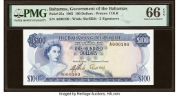 Serial Number 100 Bahamas Bahamas Government 100 Dollars 1965 Pick 25a PMG Gem Uncirculated 66 EPQ. The final series of Bahamas Government notes issue...