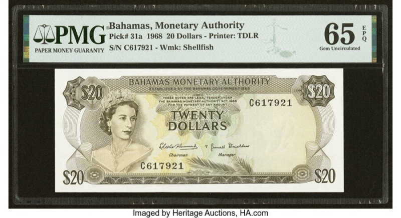 Bahamas Monetary Authority 20 Dollars 1968 Pick 31a PMG Gem Uncirculated 65 EPQ....