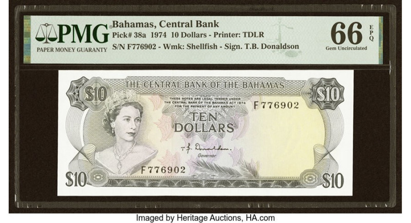 Bahamas Central Bank 10 Dollars 1974 Pick 38a PMG Gem Uncirculated 66 EPQ. A lov...