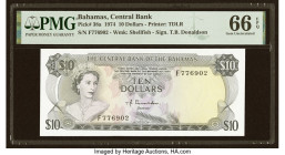 Bahamas Central Bank 10 Dollars 1974 Pick 38a PMG Gem Uncirculated 66 EPQ. A lovey, always popular note from the first series of the Central Bank. Thi...