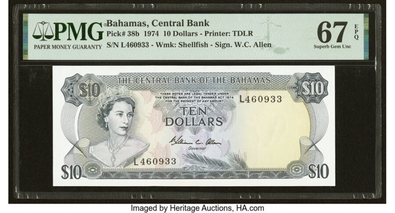 Bahamas Central Bank 10 Dollars 1974 Pick 38b PMG Superb Gem Unc 67 EPQ. From th...