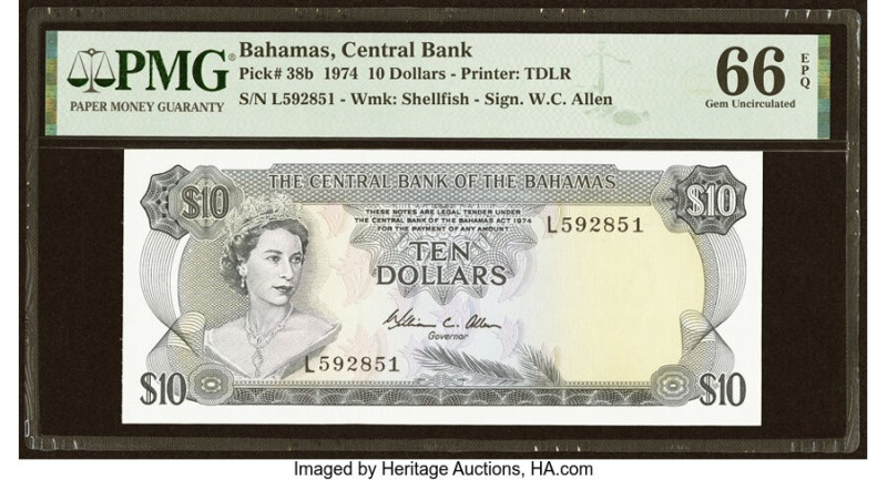 Bahamas Central Bank 10 Dollars 1974 Pick 38b PMG Gem Uncirculated 66 EPQ. The A...