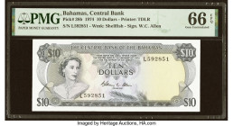 Bahamas Central Bank 10 Dollars 1974 Pick 38b PMG Gem Uncirculated 66 EPQ. The Allen signature is seen on this lovely issue printed by Thomas De La Ru...