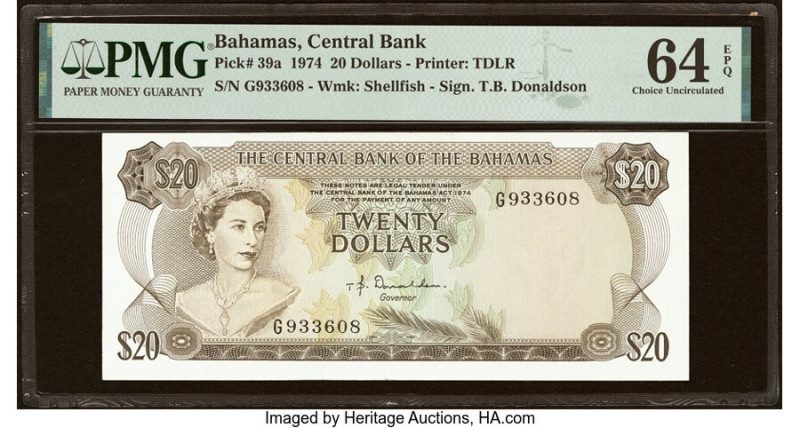 Bahamas Central Bank 20 Dollars 1974 Pick 39a PMG Choice Uncirculated 64 EPQ. A ...