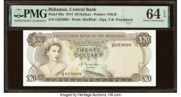 Bahamas Central Bank 20 Dollars 1974 Pick 39a PMG Choice Uncirculated 64 EPQ. A coastal scene with a horse drawn carriage is the prominent feature of ...