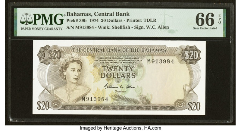 Bahamas Central Bank 20 Dollars 1974 Pick 39b PMG Gem Uncirculated 66 EPQ. Featu...
