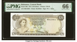 Bahamas Central Bank 20 Dollars 1974 Pick 39b PMG Gem Uncirculated 66 EPQ. Featuring the signature of William C. Allen, this note was issued in or aro...
