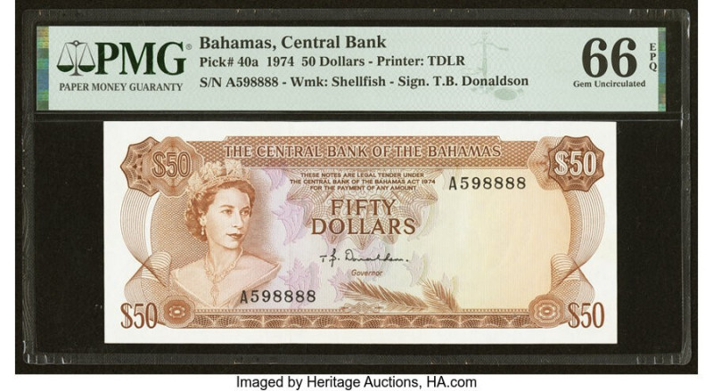 Bahamas Central Bank 50 Dollars 1974 Pick 40a PMG Gem Uncirculated 66 EPQ. High ...