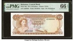 Bahamas Central Bank 50 Dollars 1974 Pick 40a PMG Gem Uncirculated 66 EPQ. High denomination Bahamas banknotes are extremely desirable in the best of ...