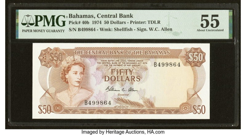 Bahamas Central Bank 50 Dollars 1974 Pick 40b PMG About Uncirculated 55. Present...