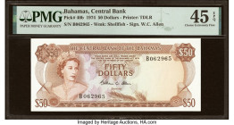 Bahamas Central Bank 50 Dollars 1974 Pick 40b PMG Choice Extremely Fine 45 EPQ. The final variety of this long-running design, as it features the sign...