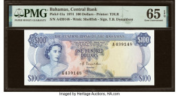Bahamas Central Bank 100 Dollars 1974 Pick 41a PMG Gem Uncirculated 65 EPQ. An outstanding portrait of Queen Elizabeth II carefully placed on a conch ...