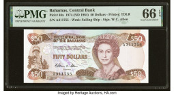 Bahamas Central Bank 50 Dollars 1974 (ND 1984) Pick 48a PMG Gem Uncirculated 66 EPQ. Stunning designs by Thomas de la Rue are seen on both sides of th...