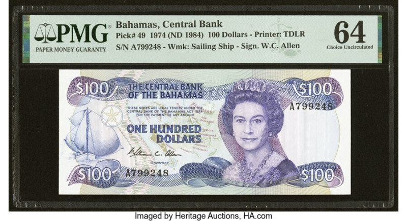 Bahamas Central Bank 100 Dollars 1974 (ND 1984) Pick 49 PMG Choice Uncirculated ...