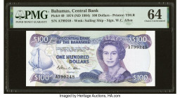 Bahamas Central Bank 100 Dollars 1974 (ND 1984) Pick 49 PMG Choice Uncirculated 64. The beautiful design elements of Thomas Del La Rue are quite promi...