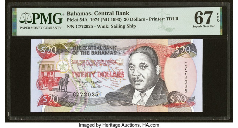 Bahamas Central Bank 20 Dollars 1974 (ND 1993) Pick 54A PMG Superb Gem Unc 67 EP...