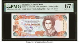 Bahamas Central Bank 50 Dollars 1974 (ND 1992) Pick 55 PMG Superb Gem Unc 67 EPQ. Iridescent inks are bright on this high denomination issue with addi...