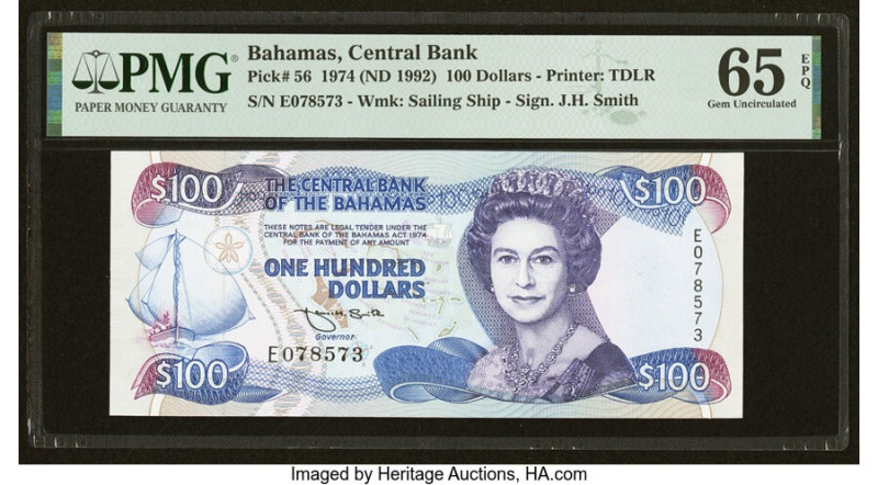 Bahamas Central Bank 100 Dollars 1974 (ND 1992) Pick 56 PMG Gem Uncirculated 65 ...