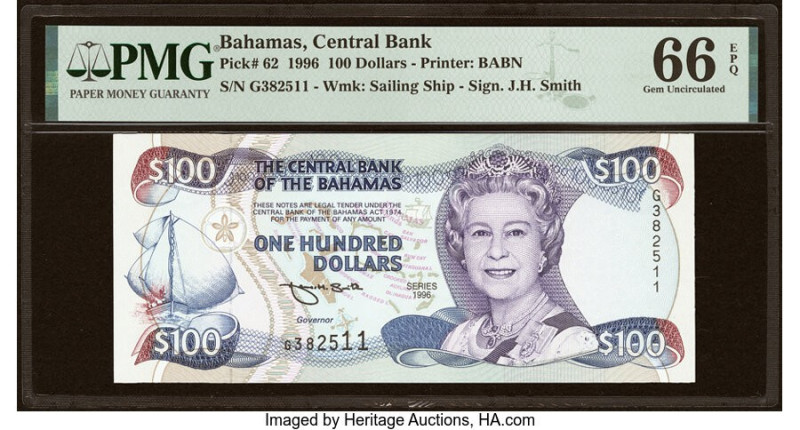 Bahamas Central Bank 100 Dollars 1996 Pick 62 PMG Gem Uncirculated 66 EPQ. This ...