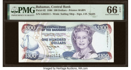 Bahamas Central Bank 100 Dollars 1996 Pick 62 PMG Gem Uncirculated 66 EPQ. This handsome $100 was printed by the British American Banknote Company, an...
