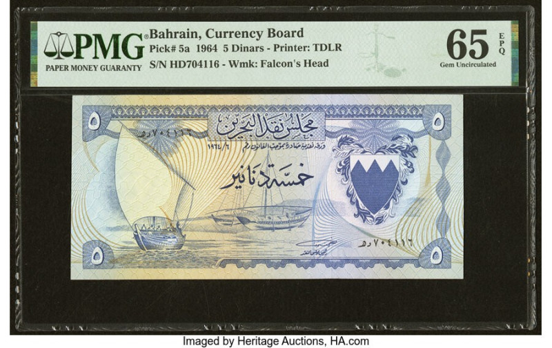 Bahrain Currency Board 5 Dinars 1964 Pick 5a PMG Gem Uncirculated 65 EPQ. The 5 ...