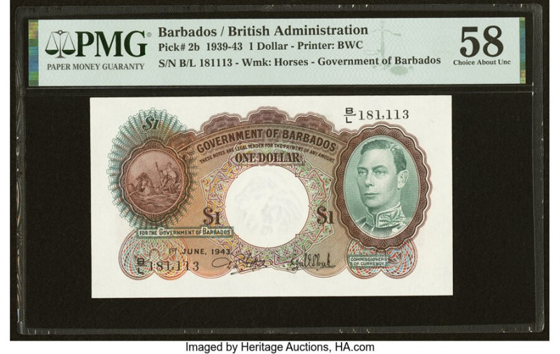 Barbados Government of Barbados 1 Dollar 1.6.1943 Pick 2b PMG Choice About Unc 5...